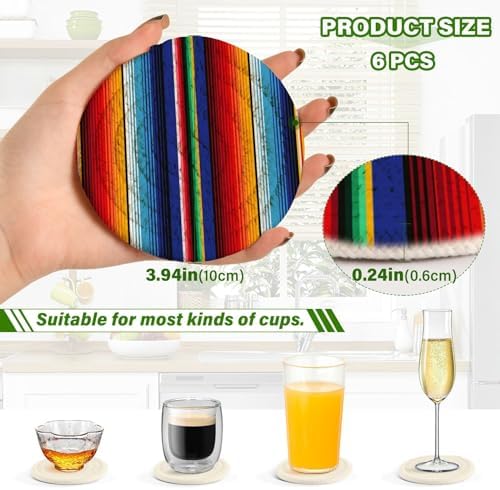 YETTASBIN Mexican Blanket Stripes 6 Pcs Drink Coasters with Holder, Cotton Woven Absorbent Heat-Resistant Round Coaster Non-Slip Table Mat for Kitchen Bar Home Decor Housewarming Gift, 3.9 in - Image 3