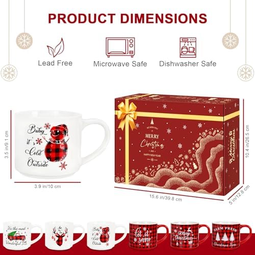 QIKSION 16oz Christmas Coffee Mugs Set of 6, Large Hot Chocolate Mugs, Holiday Cocoa Ceramic Mug Gift Set for Family, Friends and Colleagues(Red Black Plaid, White) - Image 3