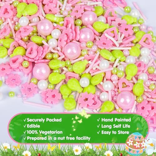 Edible Sprinkles for Cake Decorations,Pink White Pearls and Jimmies,Heart and Flowers,Bright Green Balloons Sprinkle Mix,Spring Candy Sprinkles for Cakes,Cupcakes,Dessert Tables & Party Favors,Food Grade Sugar Decorating for Brunch,Wedding Birthday & S... - Image 6