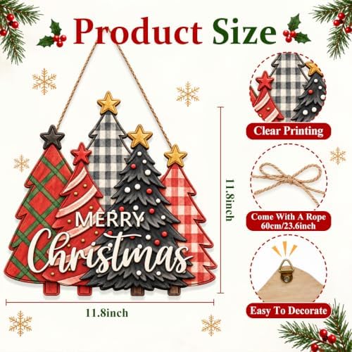 Christmas Decorations Buffalo Plaid Christmas Tree Wooden Hanging Sign - Image 3