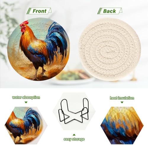 YETTASBIN Rooster 6 Pcs Drink Coasters with Holder, Cotton Woven Absorbent Heat-Resistant Round Coaster Non-Slip Table Mat for Kitchen Bar Home Decor Housewarming Gift, 3.9 in - Image 4