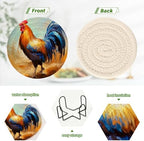 YETTASBIN Rooster 6 Pcs Drink Coasters with Holder, Cotton Woven Absorbent Heat-Resistant Round Coaster Non-Slip Table Mat for Kitchen Bar Home Decor Housewarming Gift, 3.9 in - Image 4