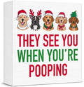 Christmas Bathroom Decor, Funny Dogs Christmas Decorations, Bow Santa Hat Bathroom Table Decoration They See You When You're Pooping Wooden Box Sign, Home Shelf Desk Decor for Toilet 5x5 Inches by Unknown