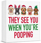 Christmas Bathroom Decor, Funny Dogs Christmas Decorations, Bow Santa Hat Bathroom Table Decoration They See You When You're Pooping Wooden Box Sign, Home Shelf Desk Decor for Toilet 5x5 Inches by Unknown