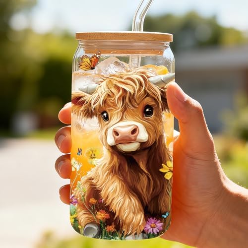Highland Cow Gifts Women 16oz Drinking Glass Cups with Lid Straws - Image 5