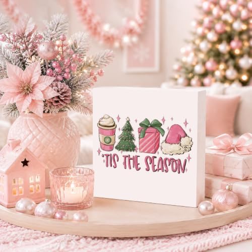 Pink Christmas Decor, Pink Christmas Bathroom Decor, Girly Decoration, Wooden Box Sign Winter Latte Santa Presents Tree Coffee Home Bedroom Desk Decoration - Image 3