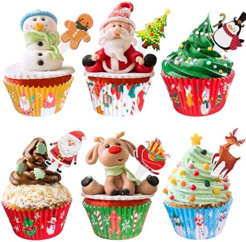 Christmas Cupcake Liners with Toppers Picks, Standard Wrappers Cupcake Disposable Baking Cups Muffin Liners for Xmas Holiday Party Favors, Party Decorations for Christmas Baking Supplies - Image 3