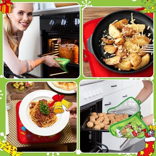 Jingmore 12 Pcs Christmas Pot Holders Bulk with Pocket Lime Green Xmas Pot Holders for Kitchen Red Green Santa Hot Pads and Oven Mitts Farmhouse Oven Gloves for Christmas Baking Cooking Gift - Image 4