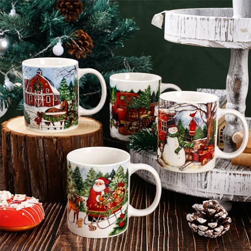 Whaline 4Pcs Vintage Christmas Mug Set 12oz Santa Snowman Coffee Mug Ceramic Xmas Winter Party Cups for Home School Office Housewarming Gift - Image 6
