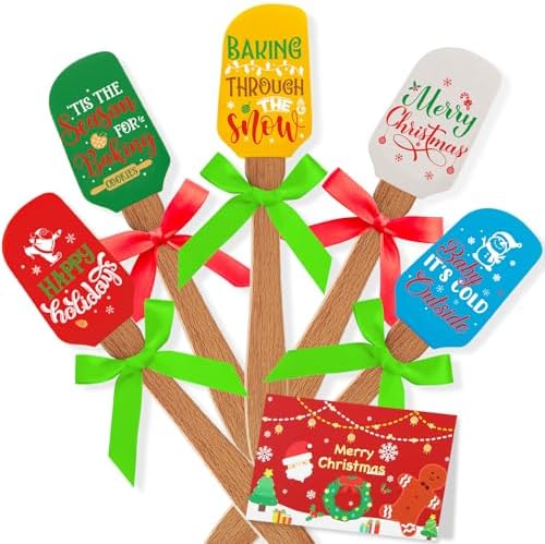 Newtay 5 Sets Christmas Silicone Spatula Cake Spatula Bulk Cooking Scraper with Wooden Handle Xmas Greeting Card Ribbon for Christmas Decoration Holiday Gifts Kitchen Party Favors (Classic Style) by Newtay