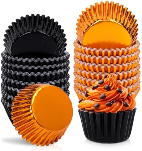JarThenaAMCS 200Pcs Halloween Cupcake Liners Black Orange Foil Metallic Baking Cups Muffin Wrappers for Halloween Party Supplies by JarThenaAMCS