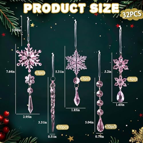 Crystal Christmas Tree Ornaments, Pink Acrylic Snowflake & Icicle, 32pcs - Image 3