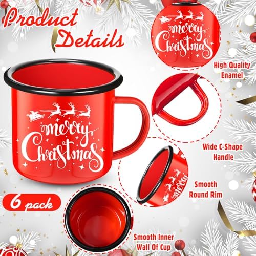 Yaomiao Christmas Enamel Mugs Set of 6 Red or Green Xmas Coffee Mugs Gifts 12 oz Hot Chocolate Holiday Cups with Handle Christmas for Men Women Coworkers Employee Gifts(Let It Snow,Red) - Image 2