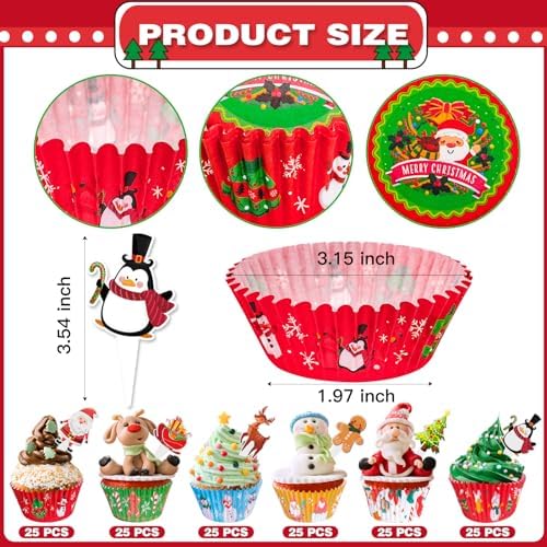 Christmas Cupcake Liners with Toppers Picks, Standard Wrappers Cupcake Disposable Baking Cups Muffin Liners for Xmas Holiday Party Favors, Party Decorations for Christmas Baking Supplies - Image 4
