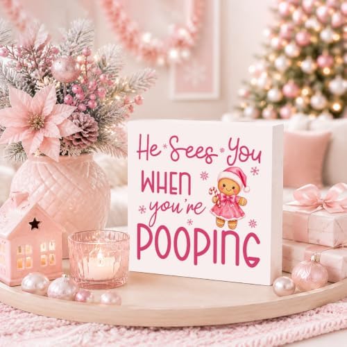 Pink Christmas Bathroom Decor, Funny Gingerbread Christmas Wooden Box Sign - Image 3