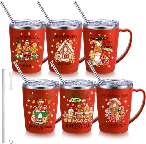 Didaey 6 Pcs Christmas Coffee Mugs Cups 11 oz Christmas Stainless Steel Tumbler Vacuum Insulated Coffee Cups with Handle Lid Straw Wine Mug for Winter Xmas Gift Holiday Party Supplies(Gingerbread Man) by Didaey