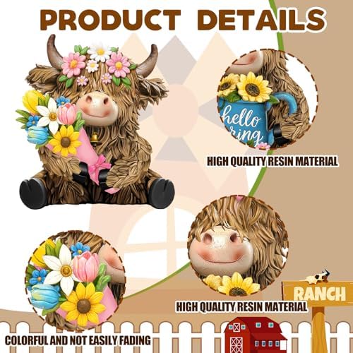 2 Pack Spring Highland Cow Figurine Decor, Spring Table Decor - Image 4