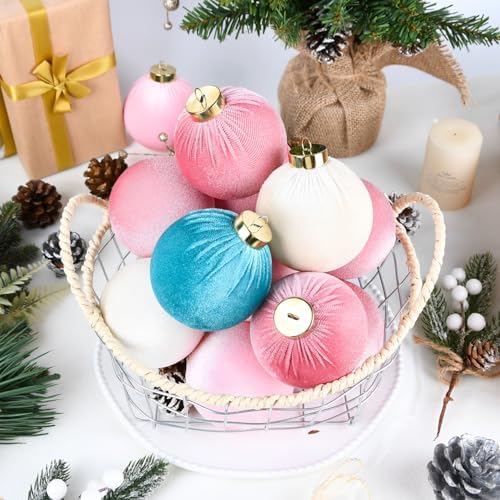 Velvet Christmas Ornaments Balls for Tree - 15pcs Pink & Teal Christmas Ornaments Shatterproof for Xmas Decorations - Multicolor Pink Teal Beige 80mm 3.15inch - Image 3