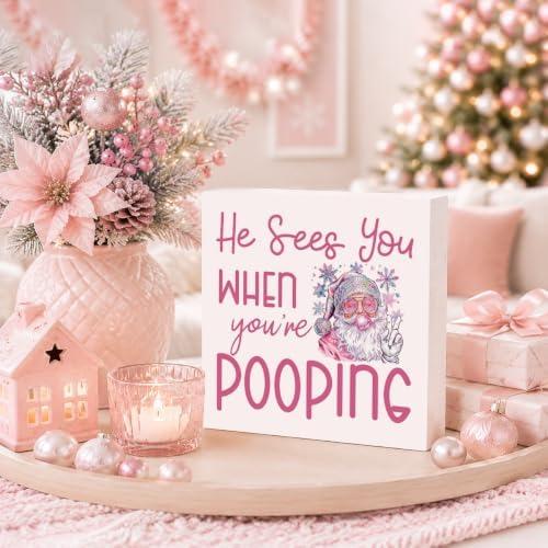 Christmas Bathroom Decor, Funny Pink Christmas Decorations, Glitter Santa Claus Bathroom Table Decoration He Sees You When You're Pooping Wooden Box Sign, Home Shelf Desk Decor for Toilet 5x5 Inches - Image 3