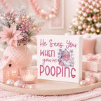 Christmas Bathroom Decor, Funny Pink Christmas Decorations, Glitter Santa Claus Bathroom Table Decoration He Sees You When You're Pooping Wooden Box Sign, Home Shelf Desk Decor for Toilet 5x5 Inches - Image 3