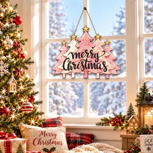 Christmas Decorations Pink Pine Tree Merry Christmas Hanging Wooden Sign - Image 6