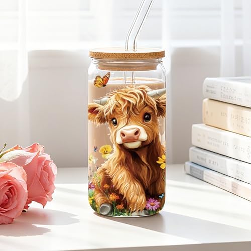 Highland Cow Gifts Women 16oz Drinking Glass Cups with Lid Straws - Image 6