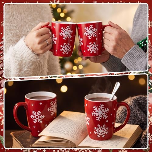 Bokon 4 Pcs Snowflake Ceramic Mug Gifts Set 12 oz Red - Image 5