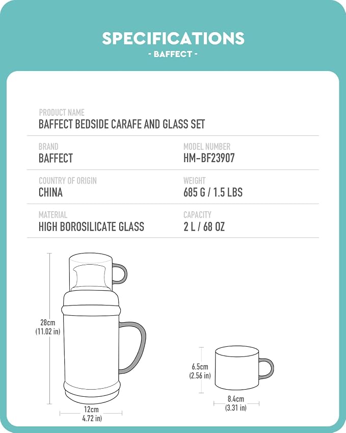 Baffect Bedside Water Carafe And Glass Set, High Borosilicate Glass Pitcher - Image 6