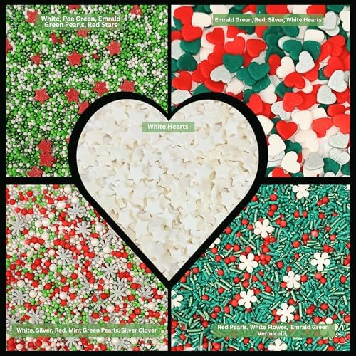 Confect Christmas Sprinkles | Sprinkles for Baking & Cake Decorative | Assorted pack of 5 Silver, Red, Green & White I Heart, stars, Snowflakes sparkling sugar | Cookie sprinkles| Dessert Decorating - Image 3