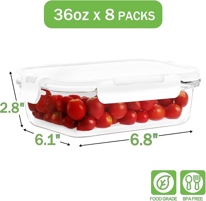 8 Pack 36oz Large Glass Meal Prep Containers - Image 2