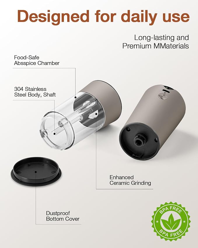 Electric Salt and Pepper Grinder Set, Stainless Steel Automatic Pepper Mill - Image 6