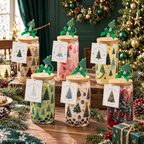 Vesici 6 Set Christmas Glass Cups with Lid Straw & Stopper, Christmas Tree - Image 4