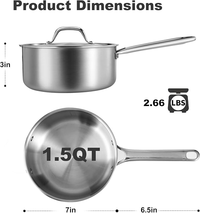 1.5 QT Saucepan with Lid, 3-Ply Stainless Steel Saucepan, Induction Compatible - Image 5