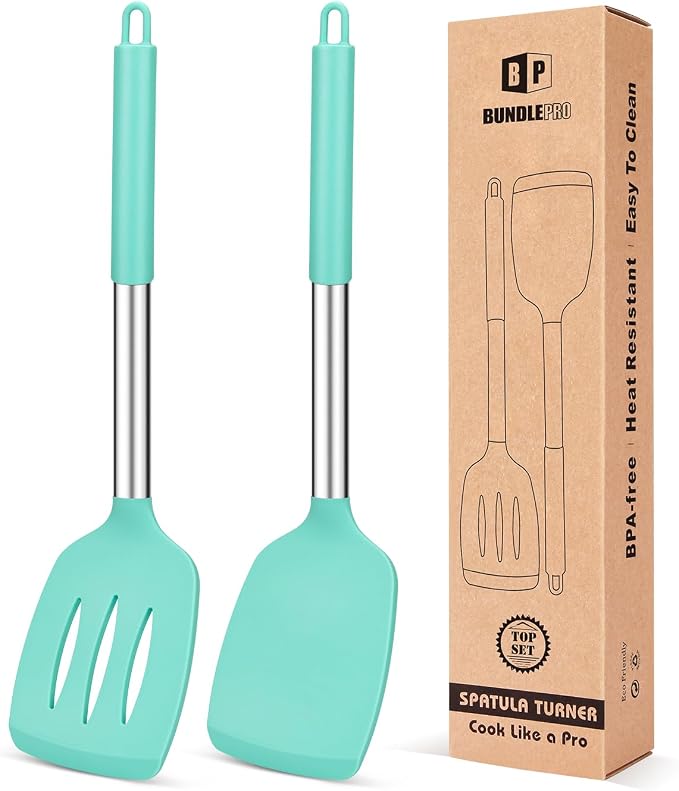 Pack of 2 Silicone Solid Turner, Non Stick Slotted Kitchen Spatulas, High Heat by BUNDLEPRO