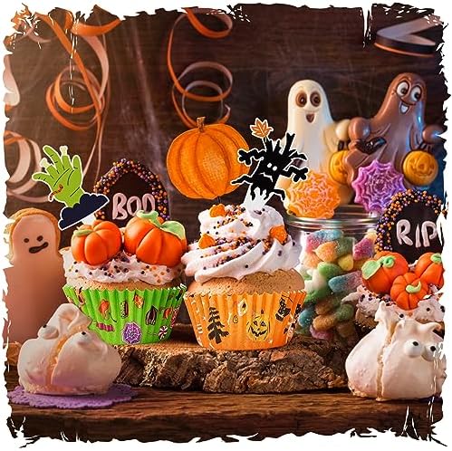 Halloween Cupcake Liners with Toppers Picks, Standard Wrappers Cupcake Disposable Baking Cups Muffin Liners for Halloween Party Decorations Supplies (150 Liners & 150 Toppers) - Image 4
