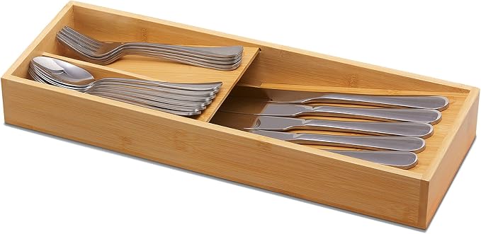 guiogc Bamboo Silverware Drawer Organizer, Kitchen Cutlery Tray, Utensil Holder - Image 3