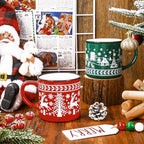 JarThenaAMCS 2Pcs Christmas Enamel Mugs Red Green Christmas Tree Snowflake Elk Ceramic Coffee Cups with Handle Holiday Drinking Mugs for Xmas Winter Party - Image 3