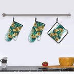 Teal Gold Green Leaves Oven Mitts and Pot Holders Set Heat Resistant Non Slip - Image 6