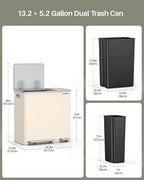 Dual Trash and Recycling Bins for Kitchen, 13.2 + 5.2 Gal Stainless Steel Trash - Image 6