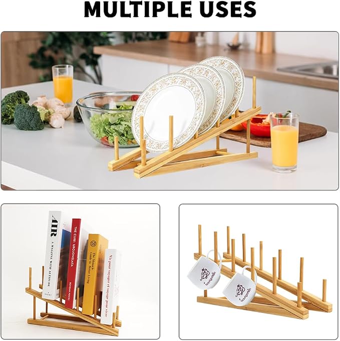4 PCS Wooden Dish Drying Rack Bamboo Plate Dish Rack Stand Kitchen Cabinet - Image 4