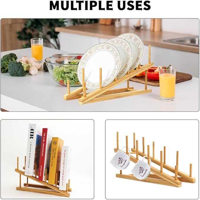 Bamboo Dish Drying Rack Wooden Plate Rack Kitchen Pot Lid Holder Cabinet - Image 4