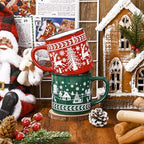 JarThenaAMCS 2Pcs Christmas Enamel Mugs Red Green Christmas Tree Snowflake Elk Ceramic Coffee Cups with Handle Holiday Drinking Mugs for Xmas Winter Party - Image 4