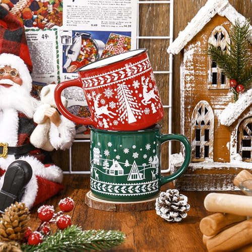 JarThenaAMCS 2Pcs Christmas Enamel Mugs Red Green Christmas Tree Snowflake Elk Ceramic Coffee Cups with Handle Holiday Drinking Mugs for Xmas Winter Party - Image 4