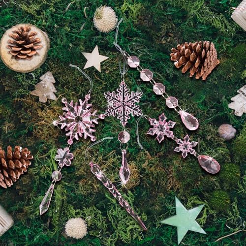 Crystal Christmas Tree Ornaments, Pink Acrylic Snowflake & Icicle, 32pcs - Image 2