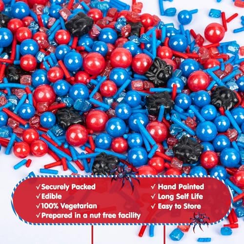 Edible Spider Sprinkles,Black Spider,Hero Sprinkle,Spiderman Sprinkle for Cake,Red Blue Pearls Jimmies and Sanding Sugar Crystals for Desserts Decorating,130g,Cupcakes Cookie Donuts Ice Cream Decorations,Themed Toppers,Birthday,Children's Party Supplies - Image 6