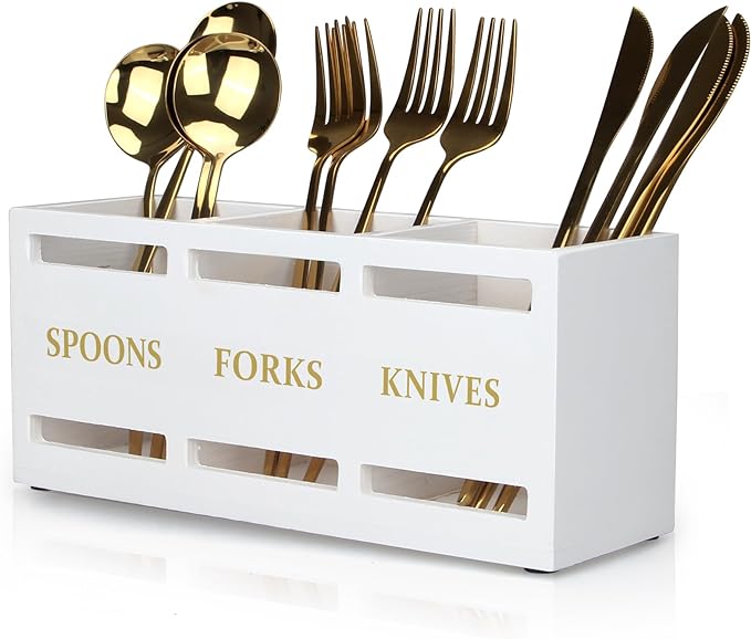 Ayiaren Wood Flatware Silverware Caddy White Cutlery Holder Kitchen Utensils by Ayiaren