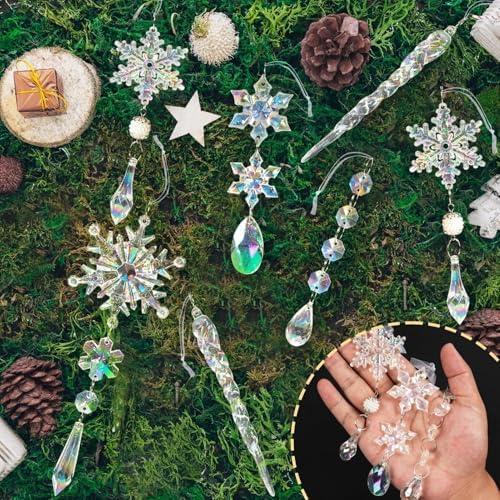 Crystal Christmas Tree Ornaments, 18pcs Iridescent Acrylic Snowflake Icicle - Image 2