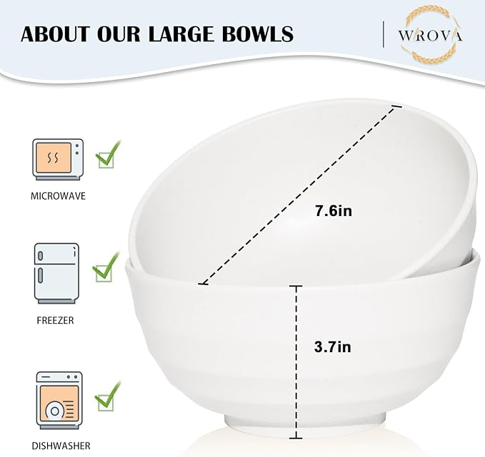 Wrova Wheat Straw Bowls Set 60 OZ, Unbreakable Large White Bowls Set of 6 - Image 2
