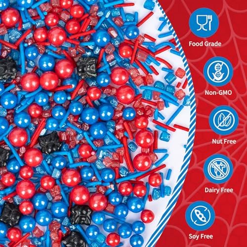 Edible Spider Sprinkles,Black Spider,Hero Sprinkle,Spiderman Sprinkle for Cake,Red Blue Pearls Jimmies and Sanding Sugar Crystals for Desserts Decorating,130g,Cupcakes Cookie Donuts Ice Cream Decorations,Themed Toppers,Birthday,Children's Party Supplies - Image 3