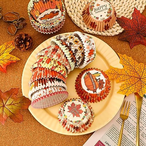 SANNIX 450pcs Thanksgiving Cupcake Liners, Turkey Maple Leaf Gnome 9 Design - Image 2